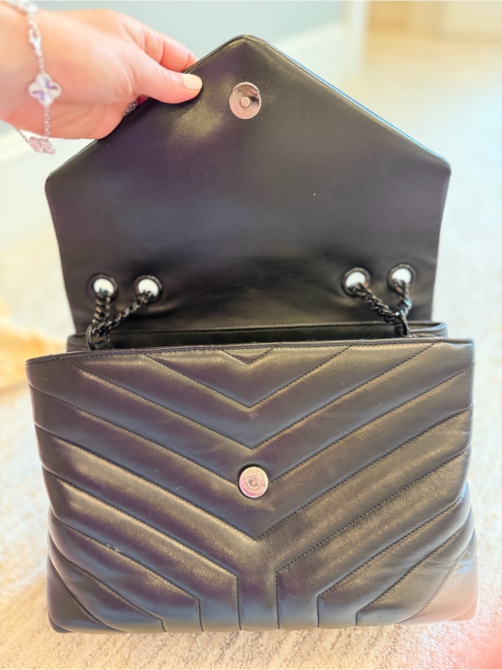 Saint Laurent Black Chevron Quilted Leather Shoulder Bag with Chain Strap - Picture 11 of 12